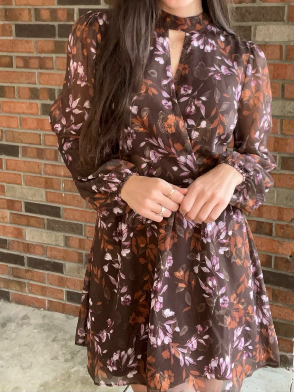 Sage Women’s Brown lavender Floral Long-Sleeve Chiffon Dress size S NEW